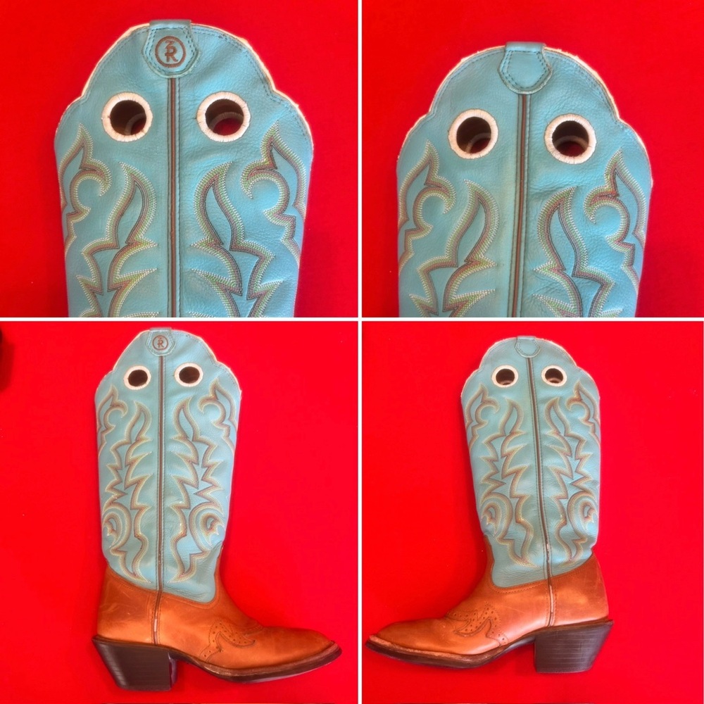 Tony Lama Brown Leather Cowboy Boots with Turquoise Stitching - Picture 7 of 7